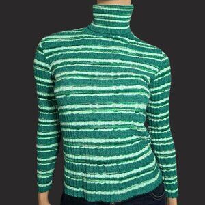 Vintage 70s striped Turtleneck Sweater Size S Green Ribbed Long Sleeve